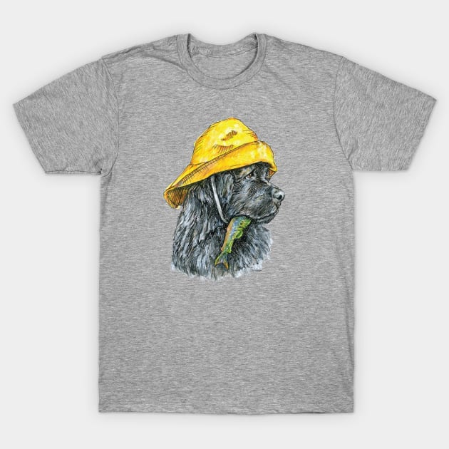 Newfoundland Dog in Sou'wester Hat with Fish T-Shirt by Prairie Dog Print